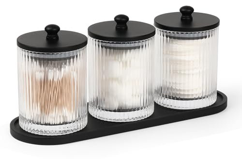 eggs sound Qtip-Halter für Badezimmer, Organizer und Aufbewahrung, runder Baumwollhalter, Wattestäbchenhalter mit Tablett, Glas-Apothekergläser mit Deckel, Behälter-Set, transparent, 3 Stück