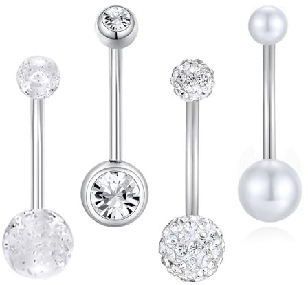 Besyvvin 4er Bauchnabelpiercing Silber 16mm Chirurgenstahl 14G Herz Piercing Bauchnabel Ring Langes Bauchpiercing Damen