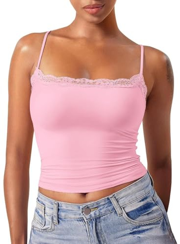 Womens Tank Top Clasic Ladies T Shirts Vest Cami Lace Top Double Lined Sexy Tank Top Spaghetti Strap Club Shirt Square Neck Sexy Vest Cardigan Tops Women (Pink, L)
