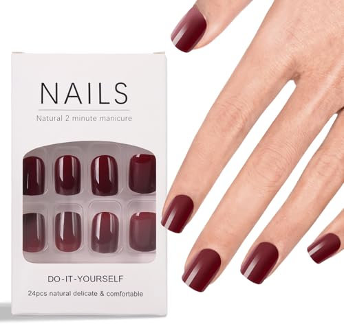 Ladiery Lot de 24 faux ongles courts carrés, rouges, réutilisables, légers, avec kit d'outils de colle, pour mariage, festival, vacances, cadeau