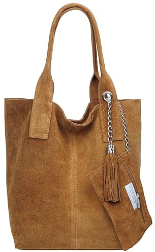 Caspar große Wildleder Shopper Schultertasche schlichte Damen Leder Handtasche mit stylischer Metallkette & kleiner Zusatztasche - CLASSIC LINE - Modell No.828 - Made in Italy, Farbe:cognac