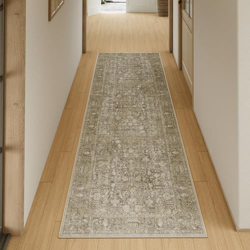 HUGEAR Braun Vintage Teppich Läufer Flur 60x180cm Waschbar | Waschbarer Teppich, Rutschfest Weich, Kurzflor Retro, für Vorzimmer, Schlafzimmer Küche, Brücken Hallway, Carpet