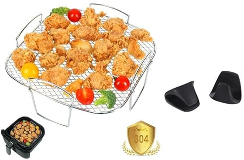 Marjoramy Heißluftfritteuse Zubehör Set - Edelstahl 304 Air Fryer Rack mit Ofenhandschuhe Silikon Kompatibel für Cosori,Vielseitiges Zubehör für Fritteusen, Öfen & Dampfgarer -Quadrat(20,8x20,6x9 cm)
