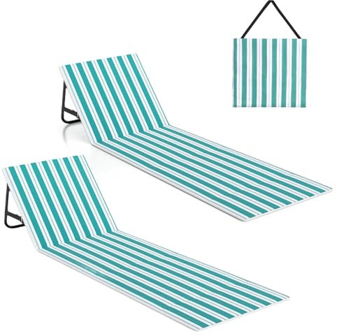 WildFun 180 X 55 cm Portable Beach Sun Mat, Faltbare leichte Sonnenliege mit Verstellbarer Rückenlehne und Tasche ohne kleine Kopfstütze (Basic Blau-Weiß 2pcs)