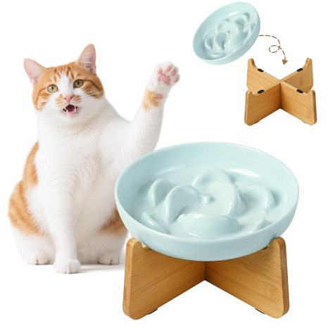 Elevated Slow Feeder Cat Bowl - Melamine Cat Food Plate with Anti-Slip Bamboo Stand - Whisker Friendly Feeding Bowl - Raised Maze Dish for Slow Eating - Pale Blue