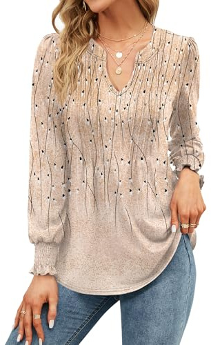EFFAN Ladies Long Sleeve Tops V Neck Blouse for Women Elegant The Holiday Shirt Party Floaty Tunic Plus Size, Apricot XXL (UK 20-22)