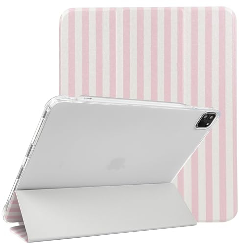 Lovmooful Coque pour iPad Pro 11-Pouces,2022/2021/2020/2018 Modèle(4e/3e/2e/1re Génération) avec Porte-Stylet Mignon Striped Rayures Design Souple TPU+PU Support Trifold Protection Housse-Rose&Blanc