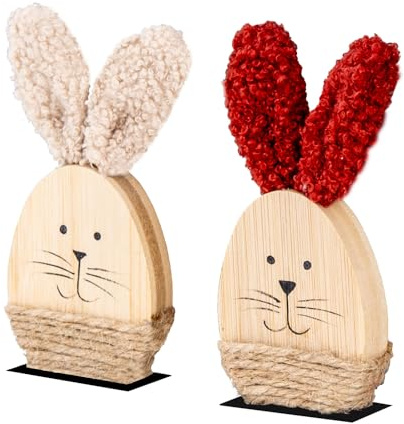 levandeo 2er Set Osterhase Deko Aufsteller H12cm Bambus Holz Plüsch Rot Beige Osterdeko Hase Figur Tischdeko Deko Ostern Plüschohren