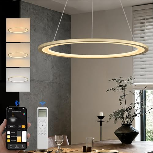 doporro LED Pendelleuchte, 60cm Dimmbare, mit App & Fernbedienung | Moderne, Esszimmerlampe hängend, 3000–6000K, CRI≥95, höhenverstellbar für Esstisch & Wohnraum, Gold, Luvina01