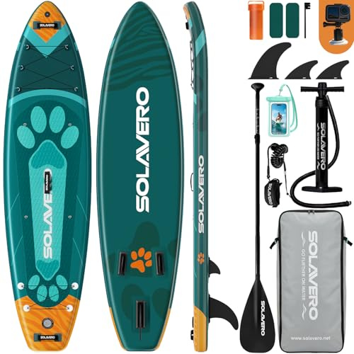 SOLAVERO Aufblasbares SUP Board Set 350 x 89 x 15 cm, bis 210 kg | Stand Up Paddling Board mit Komplettset, Paddel, Finnen & Luftpumpe, Stand Up Paddle für Erwachsene, Familien und Anfänger