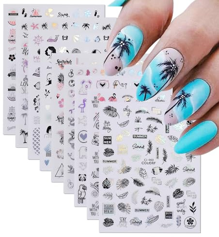 Tapufitil 9 Stück Sommer Nagelkunst Aufkleber Abziehbilder Palmen Design Nagelsticker Lustige Motive Für Nägel Seestern Strand Tropisch Kokospalme Maniküre Slider Für