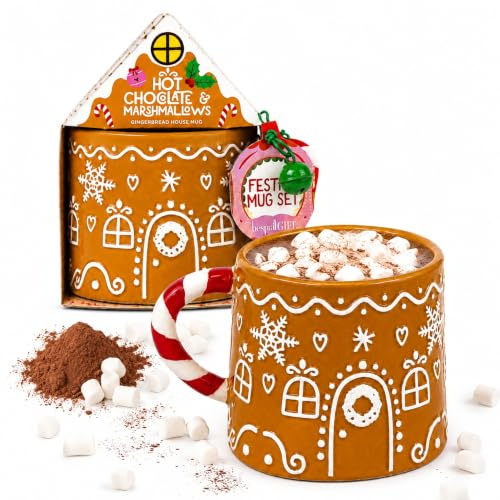 Gingerbread House Mug Hot Chocolate & Marshmallows Gift Set - Christmas Gingerbread House Ceramic Mug with 20g Cocoa Drink Mix & 12g Marshmallows. Christmas Gift for Kids Stocking Fillers