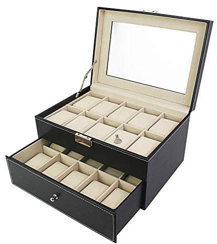 Todeco - Caja de Relojes, Caja de Almacenamiento de Relojes y Pulseras - Tamaño: 28,5 x 20,5 x 15 cm - Material de la Caja: MDF - 20 Relojes con cajón y Pantalla, Negro/Beige