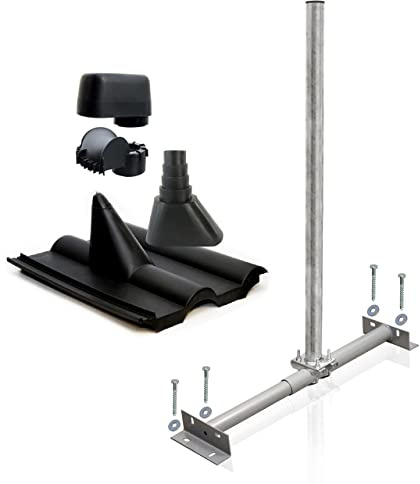 SkyRevolt Dachsparrenhalter SAT-Schüssel Set Sparrenhalter 60mm Mast | Frankfurter SAT Ziegel schwarz Mastkappe | Für SAT-Antennen und Satellitenschüsseln
