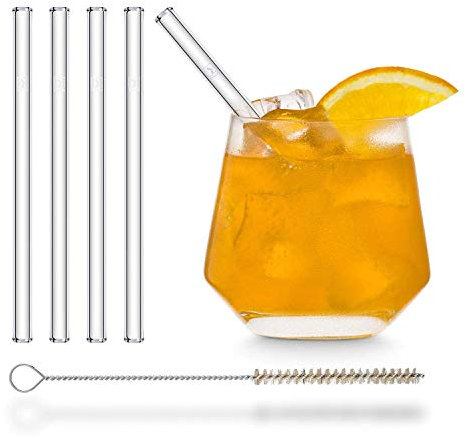 HALM pailles en verre courtes - 4 pièces droites 15 cm - Ensemble de pailles en verre réutilisables + brosse de nettoyage sans plastique - Tubes en verre pour verres à cocktail, gobelets