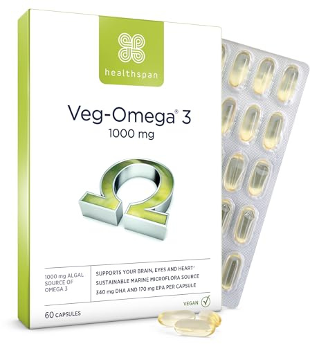 Healthspan Veg-Omega 3 1,000mg | 60 Capsules | Support Brain, Eye and Heart Health | Vegan Algal Source | No Fish | Omega 3 Fatty Acids DHA & EPA | Non-GMO | Vegan