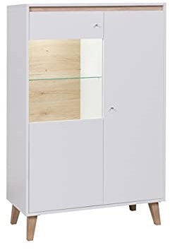Mirjan24 Vitrine Oviedo WIT90, Standvitrine im skandinavischen Stil, Vitrinenschrank mit 6 Einlegeböden, Kommode, Glasvitrine, Wohnzimmer (Weiß Matt/San Remo Eiche Hell, ohne Beleuchtung)