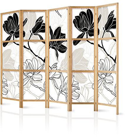 murando - Paravent Intérieur Japonais 225x172 cm - Séparateur de Pièce en Bois Naturel et Toile Imprimée - Paravent Oriental Portable et Pliable - Magnolias en Noir Et Blanc p-B-0011-z-c