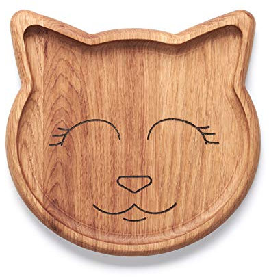 Edeldings Antibakterieller Massivholz Kinderteller KATZE 20x20 cm groß aus Eiche | Originelles süßes Kinder Geschenk aus Holz in Tier Form | Babyteller, Holzschale, Servierschale