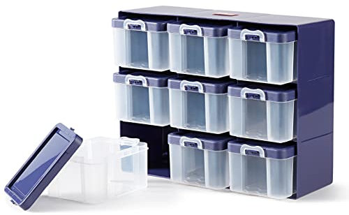 Prym 612399 Sortierkasten mit 9 Boxen, Organizer für kleinteiliges Nähzubehör, Kunststoff, pflaumeblau/transparent, 27 x 12 x 21cm