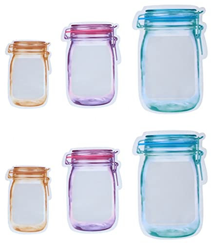ALPINA Mason Jar Food Bottles Bags 6PCS Reusable Food Spice Storage Airtight Seal Grip Fresh Bags Pouches 3 Sizes Snack Freezer Fridge Leakproof Food Saver Bags For Travelling Camping Picnic