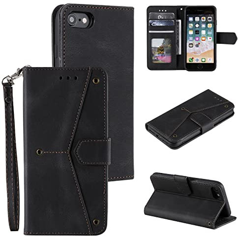 nancencen Handyhülle Kompatibel mit iPhone 7 / iPhone 8 / SE 2020 Hülle, Klappbar Extra Dünne Lederhülle, Kratzfest (rutschfest) mit Kartenfach Ständer Wallet Case Spleißen Schutzhülle,Schwarz