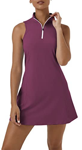 Abito da tennis da donna, da tennis, da golf, con pantaloncini integrati e tasche per abiti da allenamento senza maniche, A-rosso Viola, S