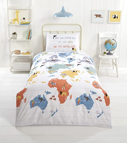 Rapport Home Furnishings Nachhaltiges Bettwäsche-Set für Einzelbett, Kinder-Bettwäsche-Set, Weltkarte, geografisches Einzelbett, umweltfreundlich, wendbar, pflegeleicht (135 x 200 cm)