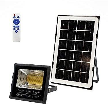 Vicyol S&D Proyector Solar LED Luz Solar Exterior 40W Iluminación de Seguridad IP67 4000K, Proyector 170 LED con Panel Solar para Terraza, Jardín, Garaje. 2 Ah. Impermeable.