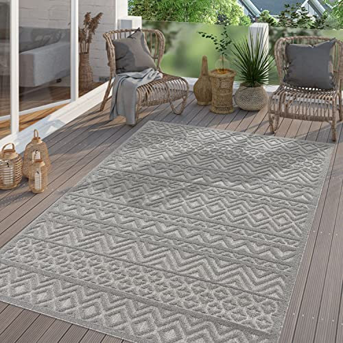 TT Home In-& Outdoor Teppich Wetterfest Balkon Küche Wohnzimmer Boho Skandi Design, Farbe: Grau, Größe:80x150 cm
