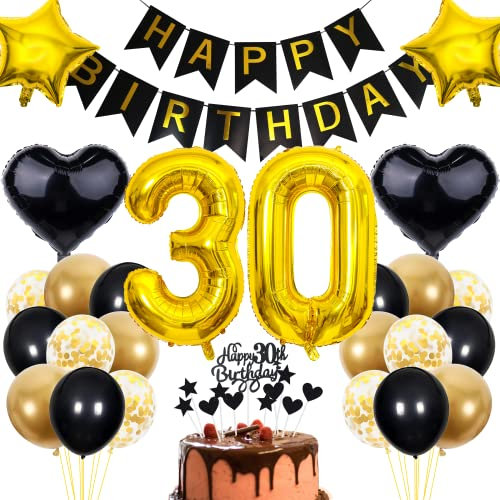 Cnrose 30. Geburtstag Dekoration - Schwarz Gold Party Deko für Männer und Frauen - Tortendeko für 30 Jahre