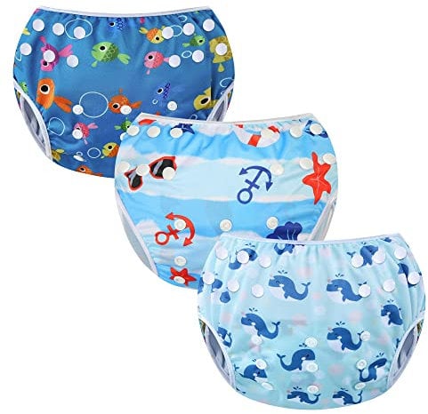 Codkkre Pañales para Nadar para Bebés Bañador Pañal Reutilizable Bañador para Piscinas 3PCS Ajustable y Lavable niño niña talla 0-36 meses(Pez+Playa+Ballena)
