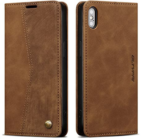 QLTYPRI Hülle für iPhone X/iPhone XS, Vintage Dünne Handyhülle mit Kartenfach Slot Ständer PU Ledertasche Klapphülle TPU Bumper Flip Schutzhülle Kompatibel mit iPhone X/iPhone XS - Braun
