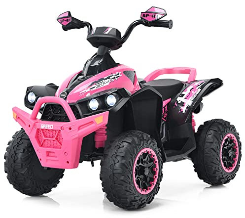 RELAX4LIFE Quad Eléctrico para Niños de 3-8 Años con Velocidad Ajustable, Coche de Batería Multifuncional de 12V con Parte Delantera y Trasera, Luces LED, Música, Pedal, Claxon, Carga 35KG (Rosa)