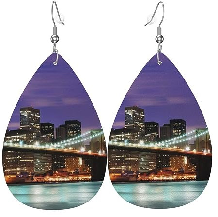 OPSREY New York Night bedruckte Mode Kunstleder Ohrring Drop Ohrring Damenschmuck, Einheitsgröße, Kunstleder