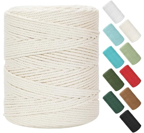 Macrame Cord 4mm x 380Yards (1140Feet), Natural Cotton Macrame Rope - 4 Strands Twisted Macrame Cotton Cord for Wall Hanging, Plant Hangers, Crafts, Gift Wrapping and Wedding Decorations, Beige