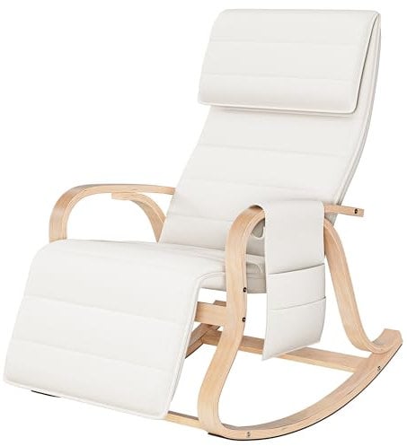 FirFurd Schaukelstuhl Schaukelsessel aus Birkenholz Relaxsessel mit 5-Fach verstellbares Fussteil Belastbarkeit 150kg Schaukelstuhl für Schlafzimmer, Wohnzimmer, Balkon, Outdoor 65×86×100cm Weiß