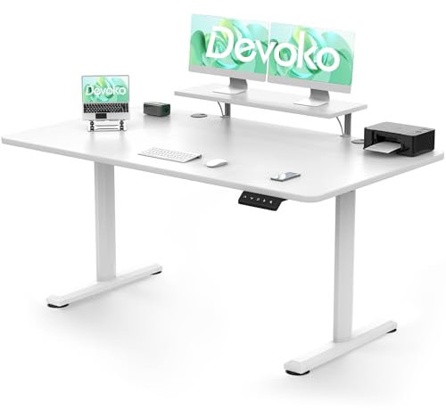 Devoko Höhenverstellbarer Schreibtisch Elektrisch 160×70cm mit Monitorständer, Schreibtisch Höhenverstellbar Elektrisch mit 2 Höhen Memory-Steuerung, Ergonomisches Sitz-Stehpult (Weiß)