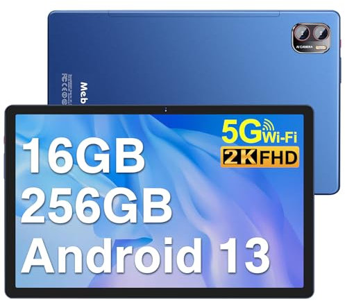 MEBERRY Tablet Pantalla 2K,16GB RAM + 256GB ROM + TF 1TB Octa-Core 2.0 GHz / 2000 x 1200 Pixels / 8600 mAh / 5MP + 13MP / 5G WiFi/Bluetooth 5.0, Tablet con Funda Azul
