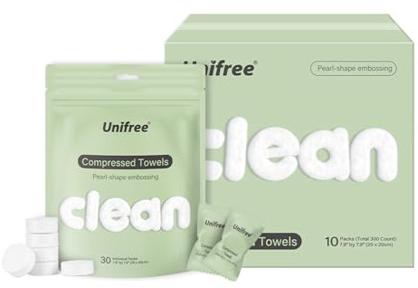 Unifree Compressed Towels I Towelettes I Makeup Remover I Facial Tissues I 30 Individual Packs Per Bag, 10-bags Value Pack, Total 300 Count