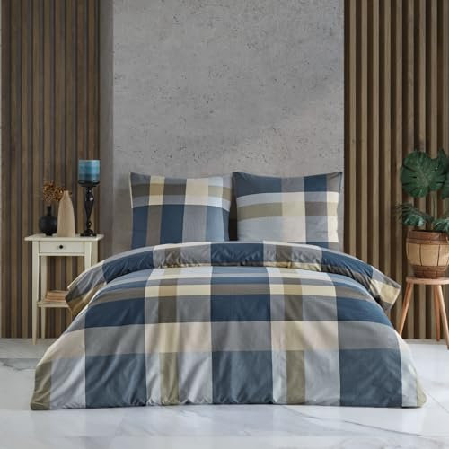 Home Sense Bettwäsche Bettgarnitur Set Baumwolle mit Reißverschluss, atmungsaktiv, weich, Luxuriös Bettdeckenbezug Bettwäsche 200x220 cm + 2 Stück 80x80 cm Kissenbezug mit Oeko-TEX, Caro Blau