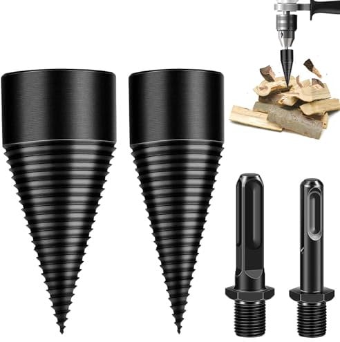 MaxEarn Bohrkegel Holzspalter 32mm + 42mm mit 2 Bohrgriffe, Brennholzspalter Bohrer, Stahl Kegelbohrer, Schraube Kegelspalter, Holzspalter Bohrer Speziell für Elektrohämmer Schlagbohrmaschine