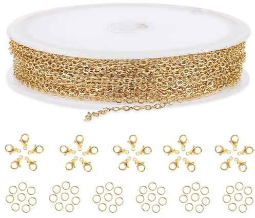 16 Feet 1.5MM DIY Link Necklace Chain - Gold Curb Chain With Lobster Clasps and Jump Rings for Making Jewelry, Earrings, Bracelets - DIY Craft Supplies