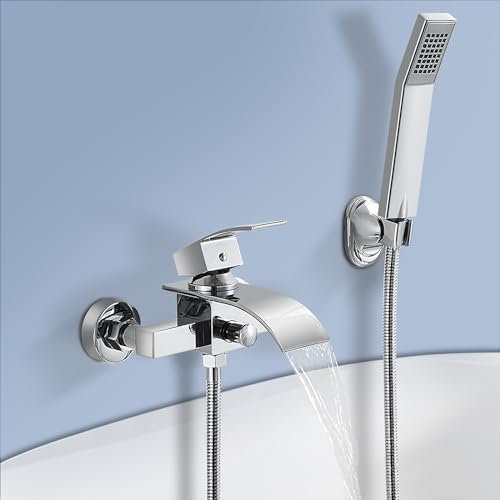 Lovhaus Badewannenarmatur mit Handbrause, Wannenbatterie Wasserfall mit Schlauch und Wandhalterung, Einhebel Badewanne Wasserhahn für Wanne und Dusche - Oberfläche Chrom