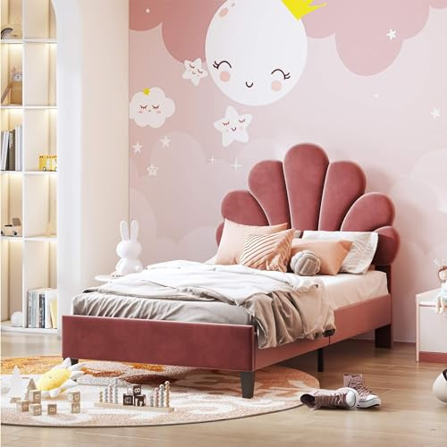 MQGPM Kinderbett Polsterbett 90 x 200cm mit Lattenrosten, Einzelbett Lattenrost aus Kopfteil Holz mit Blumenform, Mädchenbett,Samt,Bohnenrot(Ohne Matratze)