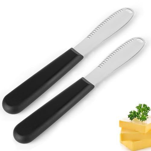 UNISOPH 2 Pcs Butter Knife, 3 in 1 Stainless Steel Butter Knives Butter Spreader with Serrated Edges and Scraping Holes Easy Spread for Cutting and Spreading Butter Cheese Peanut Butter Jam(Balck)