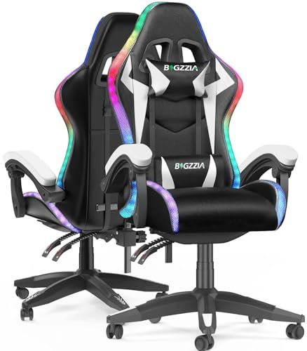 bigzzia RGB Gaming Chair with LED Lights and Ergonomic Computer Chair Reclining PU Leather High Back Video Game Chair with Headrest Adjustable Lumbar Support Linkage Armrest(Black/White)
