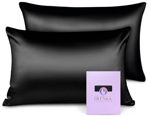 OLESILK Seide Kissenbezug Kissenhülle Haar- und Hautpflege mit Reißverschluss 16 Momme 2er Set Schwarz 50x90cm