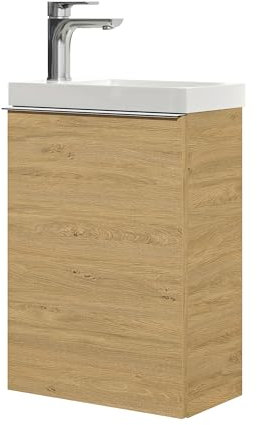 BERNSTEIN Waschbecken mit Unterschrank Kleines Badmöbel-Set Lavoa 40 cm in Eiche, Griffe in Chrom, Waschtisch mit Schrank - 5 Jahre Garantie - Gästebad Gäste-WC mit Tür