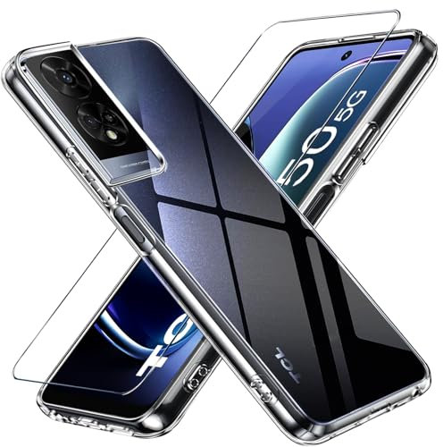 LYJERRY Coque pour TCL 50 5G avec 1 Pièces Protection Écran en Verre Trempé Coque de Protection pour TCL 50 5G, Transparent Étui de Protection en Silicone Antichoc, Mince Souple TPU Bumper Housse